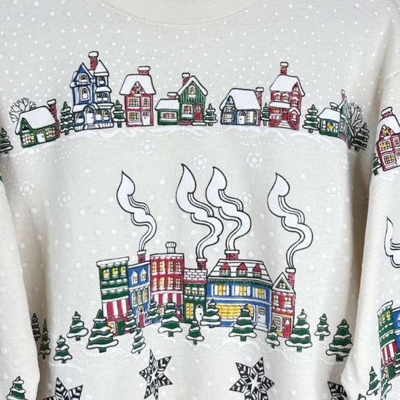 VTG 90s AOP Christmas Crewneck Sweatshirt L Granny Puff Paint Small Town Holiday - Picture 2 of 9